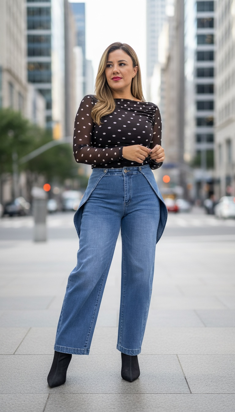 Blusa Café de Mesh de Manga Larga Estampado Polka Dots